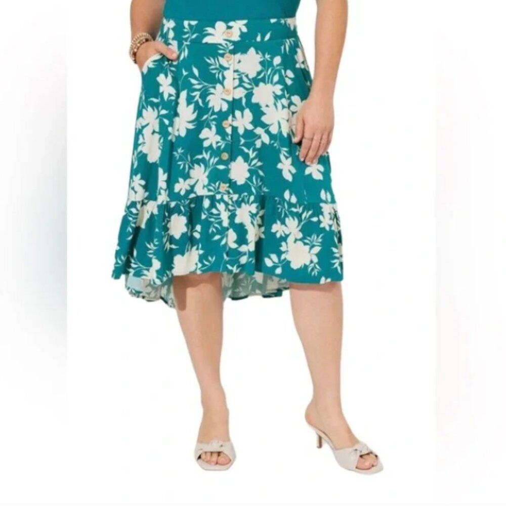 Torrid Teal Floral Tiered Hi-Low Midi Skirt Size 0X (large/12) Tiered Boho blue